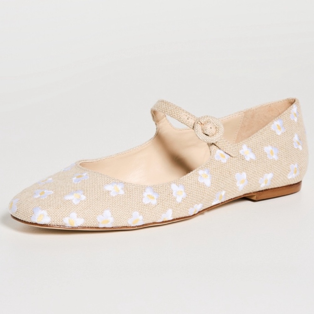 Larroude Beige Floral Mary Jane Flats
